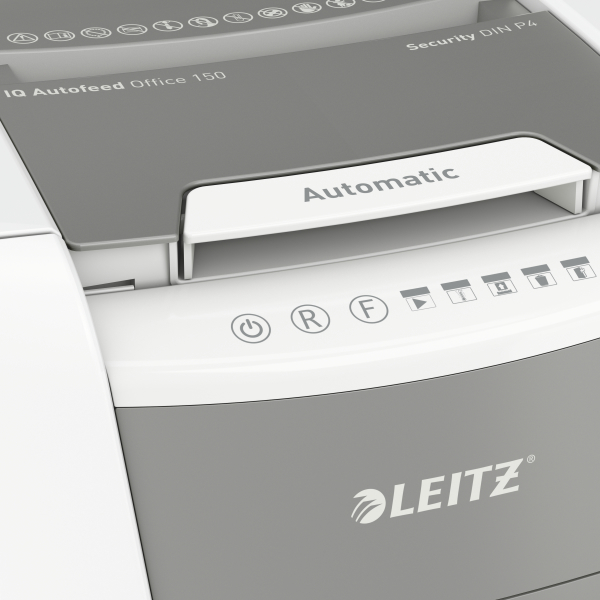 LEITZ IQ Autofeed Small Office 150 Aktenvernichter mit Partikelschnitt P-4, 4 x 28 mm, bis 150 Blatt, weiß