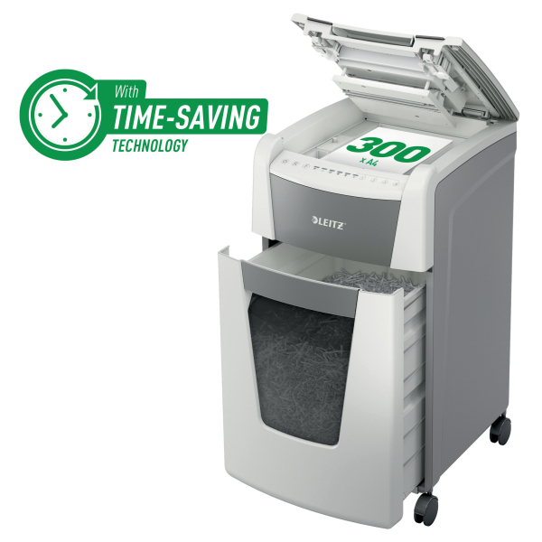 LEITZ IQ Autofeed Small Office 300 Aktenvernichter mit Partikelschnitt P-4, 4 x 26 mm, bis 300 Blatt, weiß