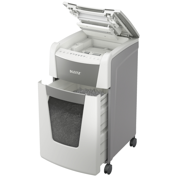 LEITZ IQ Autofeed Small Office 300 Aktenvernichter mit Partikelschnitt P-4, 4 x 26 mm, bis 300 Blatt, weiß