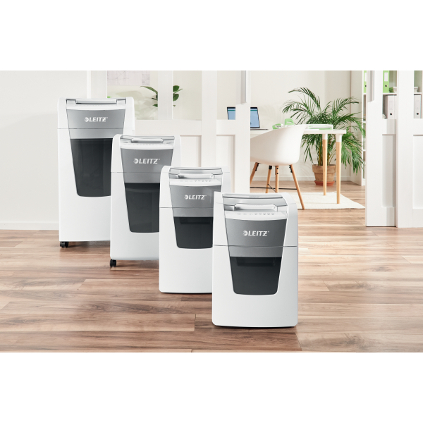LEITZ IQ Autofeed Small Office 300 Aktenvernichter mit Partikelschnitt P-4, 4 x 26 mm, bis 300 Blatt, weiß