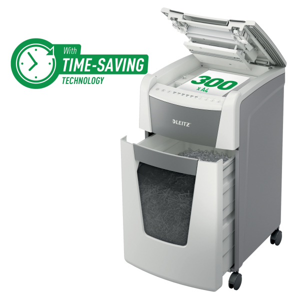 LEITZ IQ Autofeed Small Office 300 Aktenvernichter mit Partikelschnitt P-5, 2 x 15 mm, bis 300 Blatt, weiß