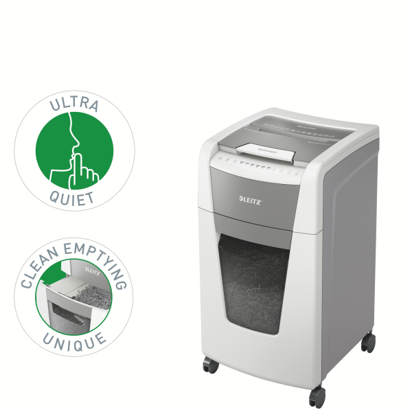 LEITZ IQ Autofeed Small Office 300 Aktenvernichter mit Partikelschnitt P-5, 2 x 15 mm, bis 300 Blatt, weiß