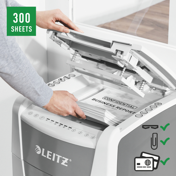 LEITZ IQ Autofeed Small Office 300 Aktenvernichter mit Partikelschnitt P-5, 2 x 15 mm, bis 300 Blatt, weiß
