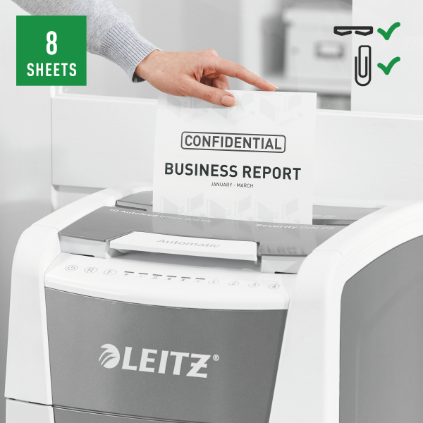 LEITZ IQ Autofeed Small Office 300 Aktenvernichter mit Partikelschnitt P-5, 2 x 15 mm, bis 300 Blatt, weiß
