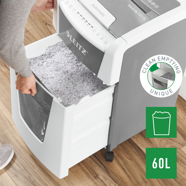 LEITZ IQ Autofeed Small Office 300 Aktenvernichter mit Partikelschnitt P-5, 2 x 15 mm, bis 300 Blatt, weiß