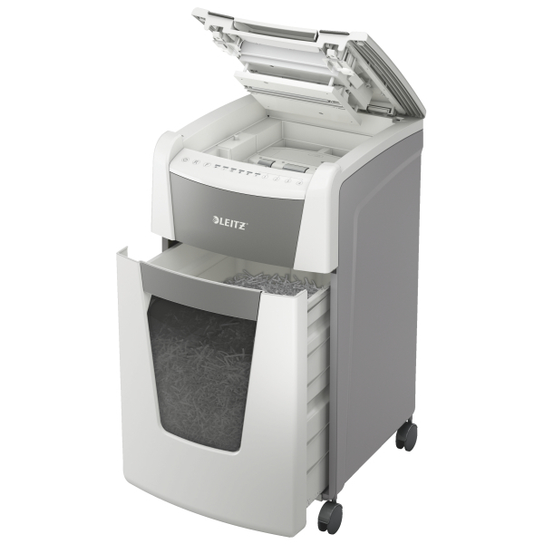 LEITZ IQ Autofeed Small Office 300 Aktenvernichter mit Partikelschnitt P-5, 2 x 15 mm, bis 300 Blatt, weiß