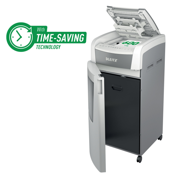 LEITZ IQ Autofeed Office Pro 600 Aktenvernichter mit Partikelschnitt P-5, 2 x 15 mm, bis 600 Blatt, weiß