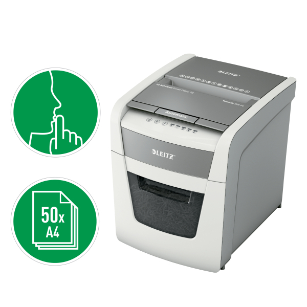 LEITZ IQ Autofeed Small Office 50 Aktenvernichter mit Partikelschnitt P-4, 4 x 28 mm, bis 50 Blatt, weiß
