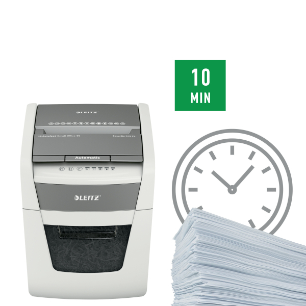 LEITZ IQ Autofeed Small Office 50 Aktenvernichter mit Partikelschnitt P-4, 4 x 28 mm, bis 50 Blatt, weiß