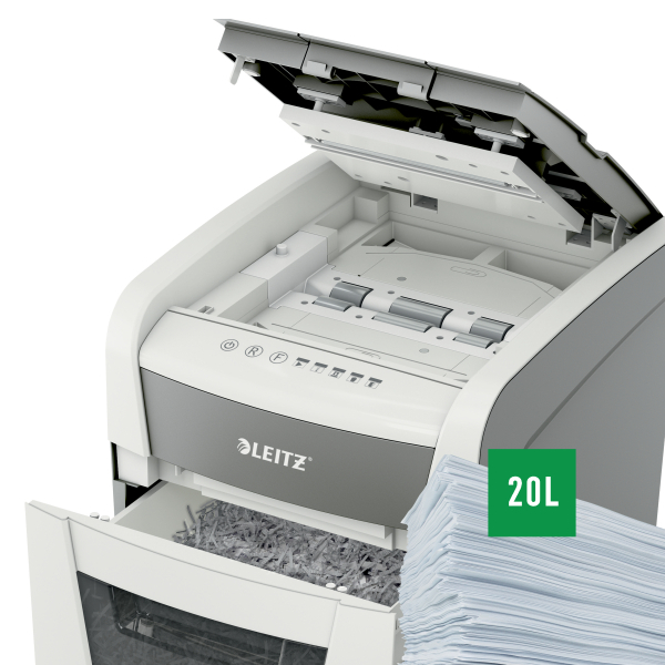 LEITZ IQ Autofeed Small Office 50 Aktenvernichter mit Partikelschnitt P-4, 4 x 28 mm, bis 50 Blatt, weiß