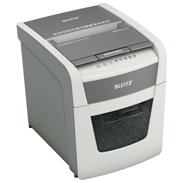 LEITZ IQ Autofeed Small Office 50 Aktenvernichter mit Partikelschnitt P-4, 4 x 28 mm, bis 50 Blatt, weiß