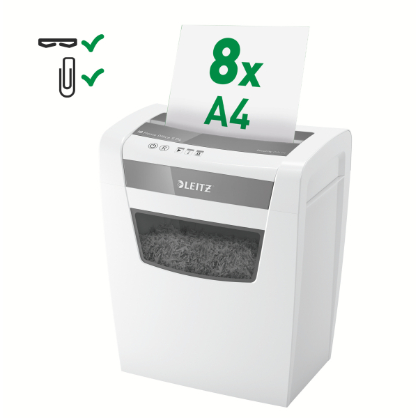 LEITZ IQ Home Office S Aktenvernichter mit Partikelschnitt P-4, 4 x 28 mm, bis 8 Blatt, weiß