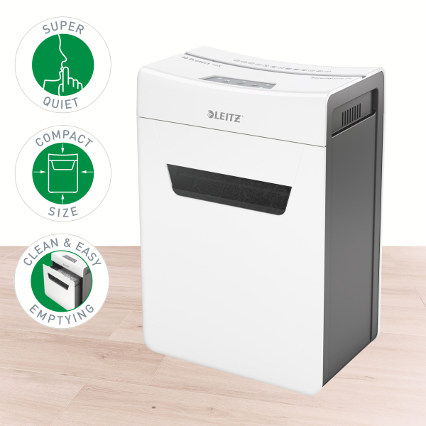 LEITZ IQ 10X Protect Premium Aktenvernichter mit Partikelschnitt P-4, 4 x 40 mm, bis 10 Blatt, weiß
