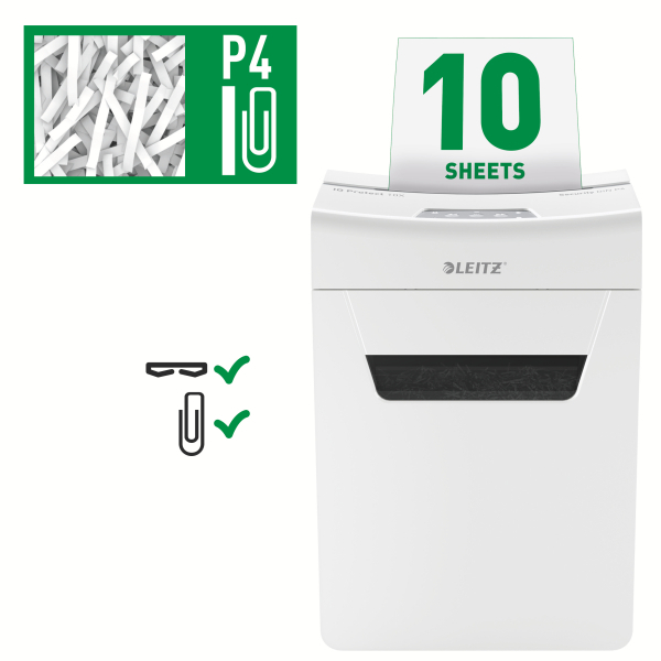 LEITZ IQ 10X Protect Premium Aktenvernichter mit Partikelschnitt P-4, 4 x 40 mm, bis 10 Blatt, weiß