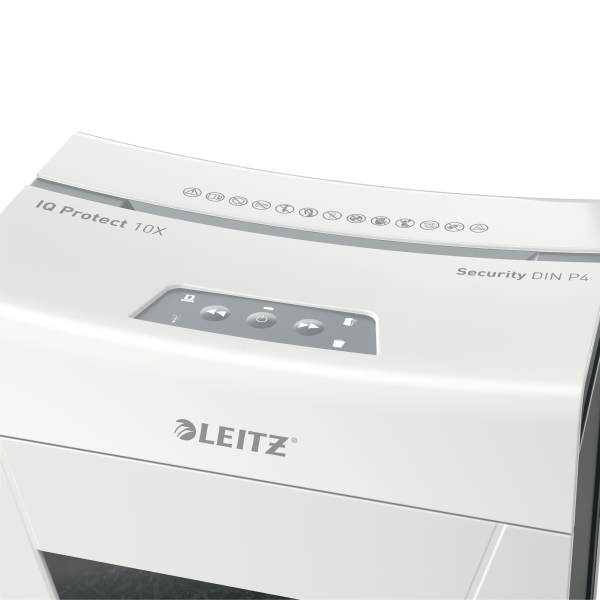 LEITZ IQ 10X Protect Premium Aktenvernichter mit Partikelschnitt P-4, 4 x 40 mm, bis 10 Blatt, weiß