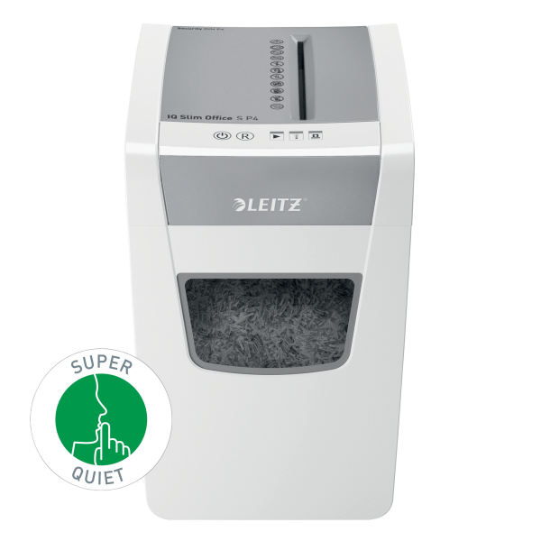 LEITZ IQ Slim Office Aktenvernichter mit Partikelschnitt P-4, 4 x 28 mm, bis 12 Blatt, weiß