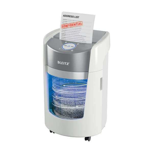 LEITZ IQ OptiMax Small Office 350 Aktenvernichter mit Partikelschnitt P-5, 2 x15 mm, bis 8 Blatt, weiß