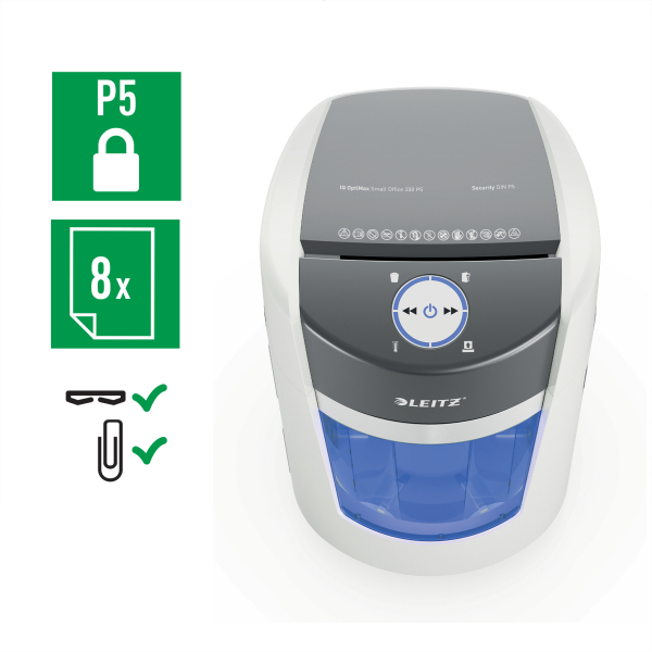 LEITZ IQ OptiMax Small Office 350 Aktenvernichter mit Partikelschnitt P-5, 2 x15 mm, bis 8 Blatt, weiß