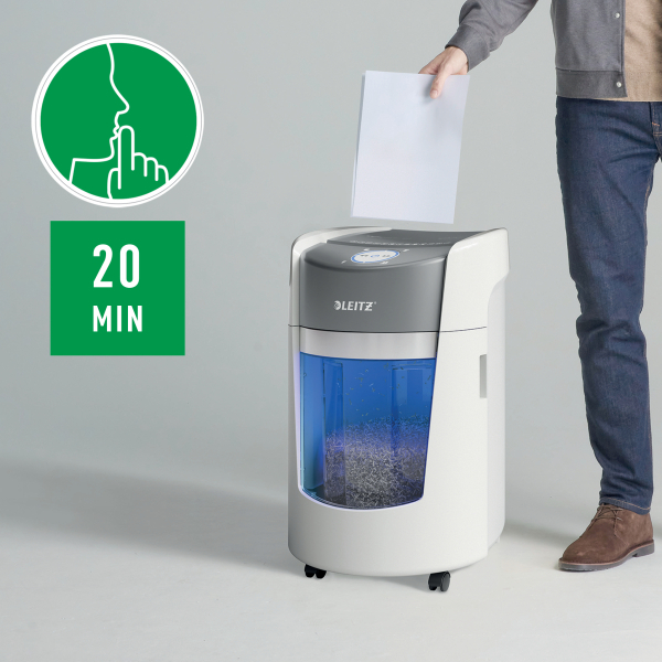 LEITZ IQ OptiMax Small Office 350 Aktenvernichter mit Partikelschnitt P-5, 2 x15 mm, bis 8 Blatt, weiß