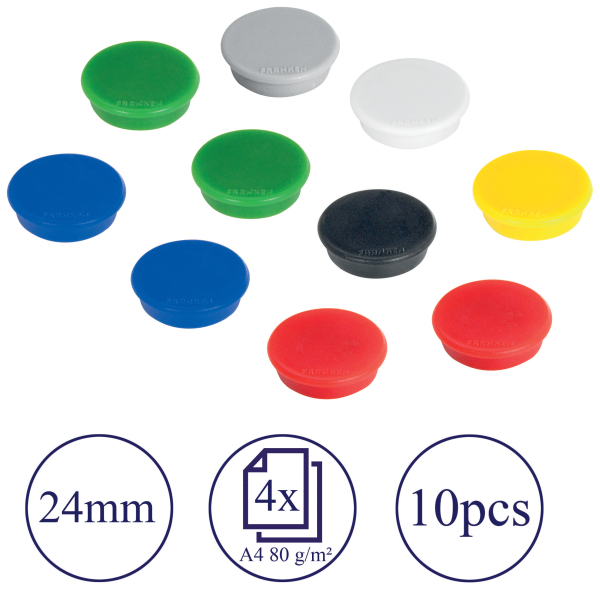 FRANKEN Haftmagnet Magnete farbsortiert, Kunststoff Ø 2,4 x 0,63 cm, 10 St.